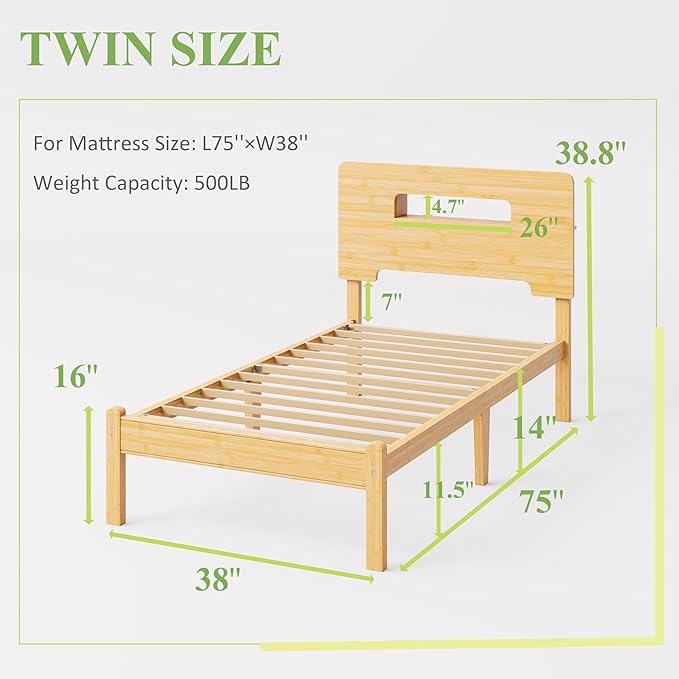ZIYOO Solid Bamboo Wood Bed Frame Twin with Storage Headboard, 14 inch Platform Bed Frame Twin Size No Box Spring Needed with Steel Slats, Sturdy and Stable, Easy Assembly, Noise Free