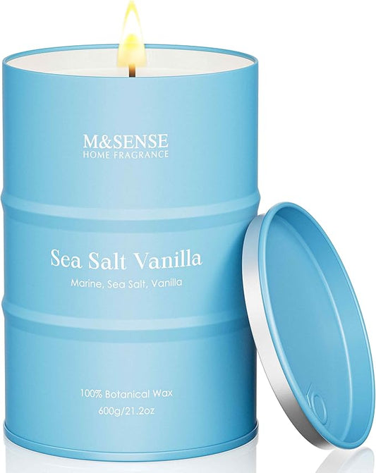 M&SENSE Sea Salt Vanilla Scented Candles Large Beach Candle, Natural Soy Summer Candles 21.2oz 120 Hour Slow Burning,Aromatherapy Candle for Stress Relief Meditation Relaxing
