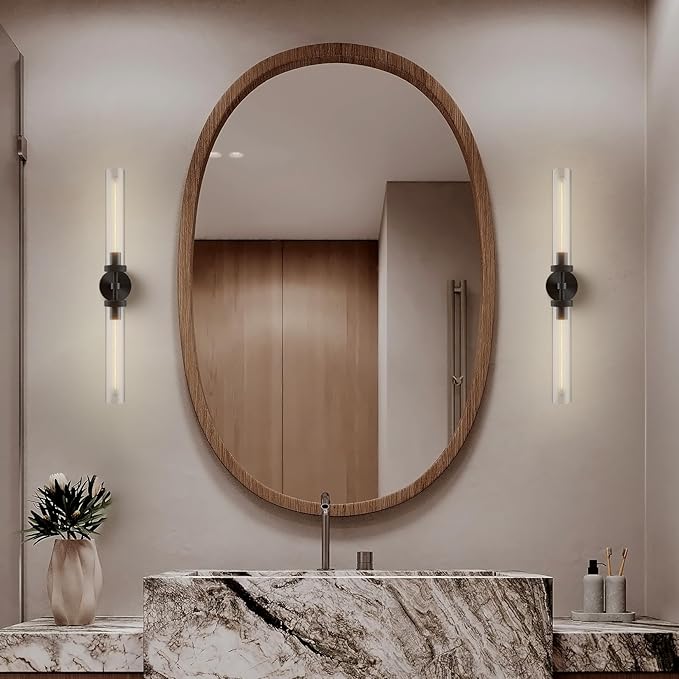 Brass Wall Sconces, 30in Black 2-Light Double Glass Sconces Wall Lighting, Bathroom Knurled Vanity Light Sconces, Wall Lights for Living Room Bedroom（Including Bulb）