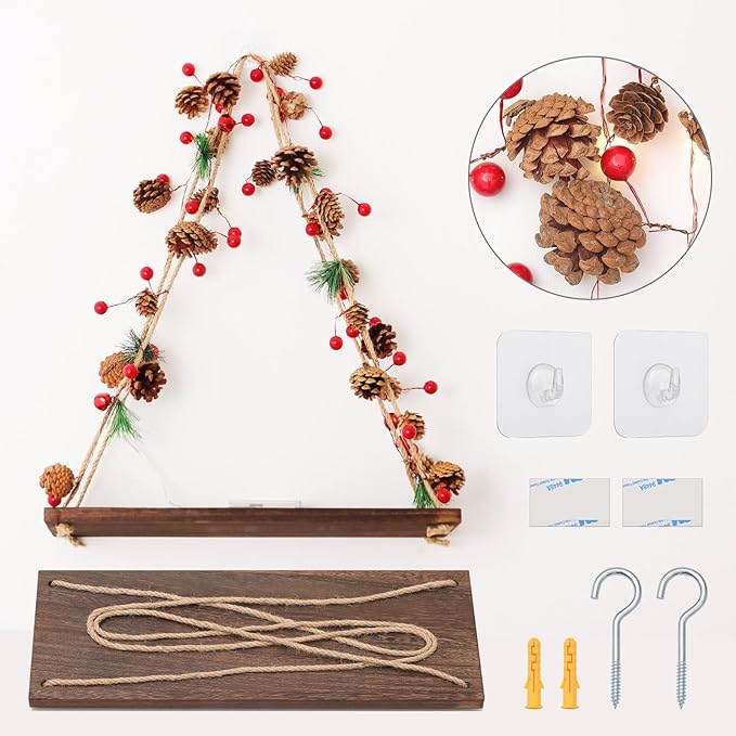 Floating Shelves for Wall, Hanging Shelves with Christmas Pinecone & Bell LED String Light, No Drilling Hanging Shelf, Wood Hanging Plant Shelves for Wall Décor, Boho Decor, Art Bedroom