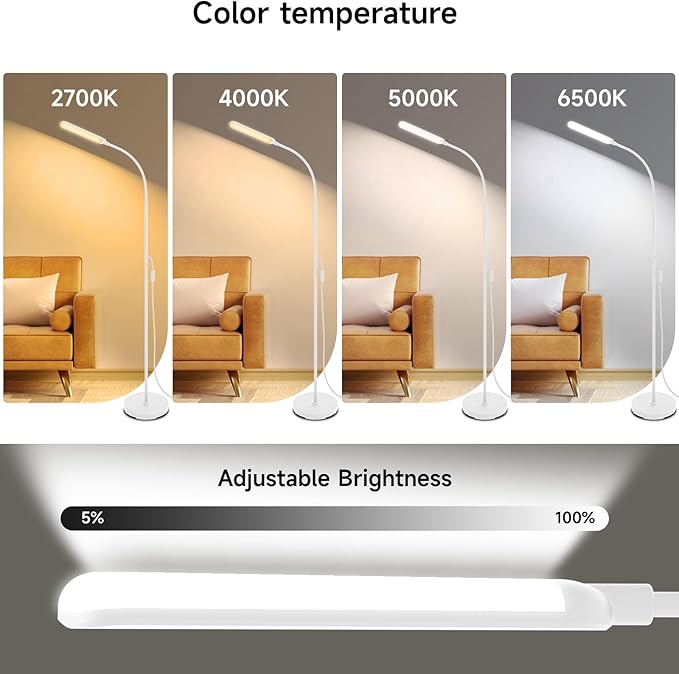 White LED Floor Lamp, 18W 1800lm Super Bright Dimmable Floor Lamps for Living Room Bedroom with Timer, Stepless Adjustable 2700K-6500K Colors & Brightness Standing Lamp with Remote & ON/Off Switch
