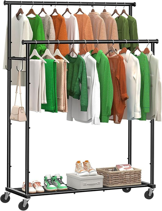 Double Rod Clothes Rack with Wheels Load 400 LBS, 45 Inch Rolling Clothing Rack for Hanging Clothes, Heavy Duty Garment Rack with Shelves, Metal Portable Closet, Black