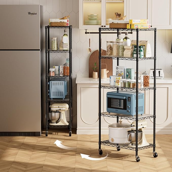 5 Tier Shelves Storage Shelf Wire Closet Bathroom Organizers Metal Pantry Kitchen Garage Shelving Unit Laundry Room Organization Home Rack Net Basket Black with Wheels 14”D X 24”W X 61”H