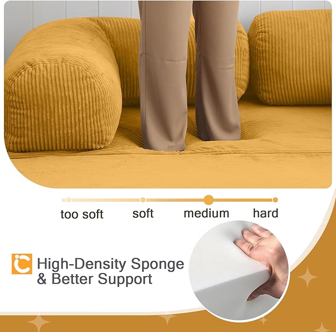 COMAX Folding Sofa Bed, 4-in-1 Convertible Foldable Floor Couch Futon Sofa with Armrests, Sleeper Mattress Fold Out Chair Bed Comfy Portable Lounge Guest for Living Room Bedroom, Yellow