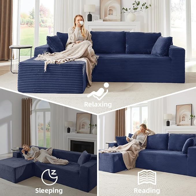 Modular Cloud Sectional Couch with L-Shape Chaise,Modern Upholstered Couches with Deep Seat,Corduroy Sponge Compressed Sofa for Living Room,No Assembly Required (Blue)