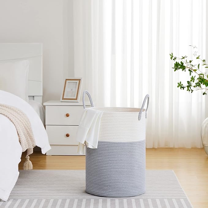 VIPOSCO Large Laundry Hamper, Tall Woven Rope Storage Basket for Blanket, Toys, Dirty Clothes in Living Room, Bathroom, Bedroom - 72L Grey & White