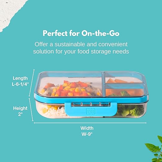 MyGo Pro Rectangular Container, 3-Compartment Clear Heavy Duty Plastic Food Storage Container, Portable Sleek Design, Spill-Resistant with Removable Gasket, 6.25" L X 9" W X 2" H