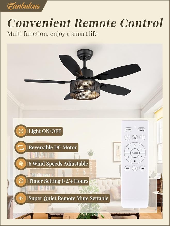 Farmhouse Ceiling Fans with Lights and Remote, 42 Inch Industrial Black Caged Ceiling Fans for Living Room Bedroom Kitchen, 6 Speed Reversible Quiet DC Motor, Dual Finish 5 Blades