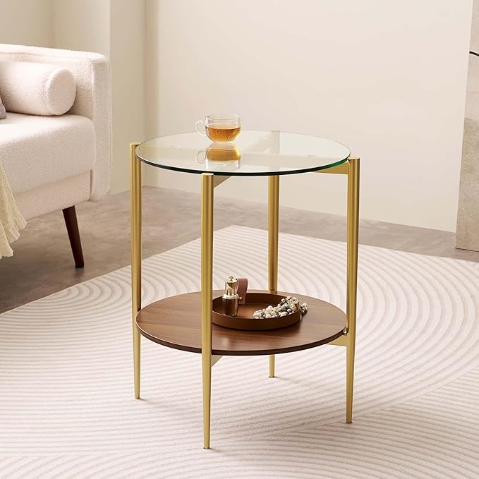 Round Glass End Table, Mid-Century Modern Design Sofa Table for Living Room, D18 x H23, 2-Tier Structure, Clear Glass Top and Walnut Shelf, Sleek Conical Legs with Gold Finish Frame