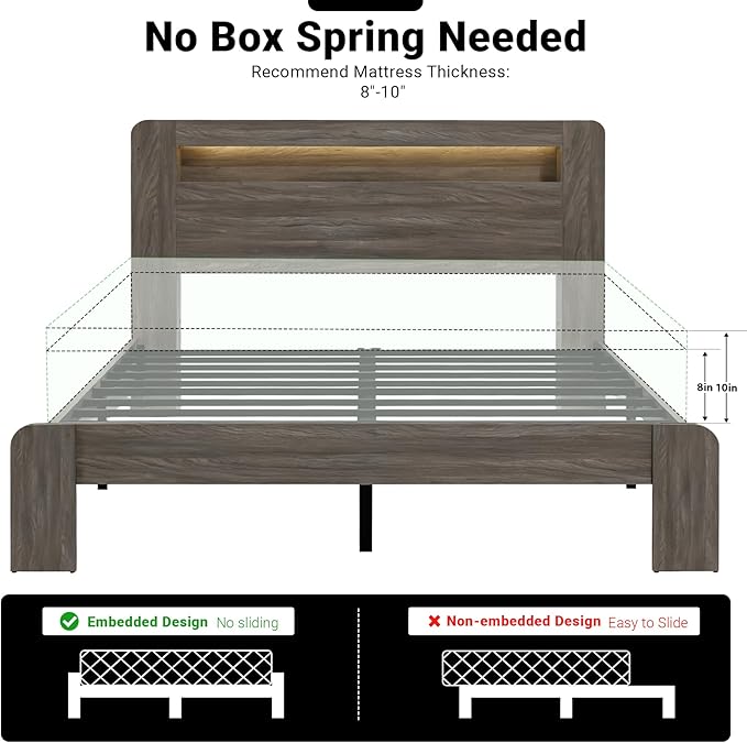 Full Bed Frame with Headboard, Wooden Platform Bed Frame Full Size with Bookcase Shelf, LED Lights, Charging Station, Heavy Duty Supports, No Box Spring Needed,Dark Grey