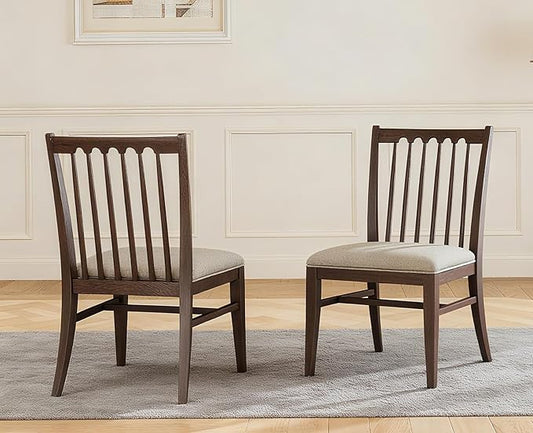 chairus Upholstered Kitchen Chairs Set of 2, Walnut Wooden Barrel Dining Chairs with Slat Back Double-Layer Cushion Farmhouse Accent Chairs for Dining Room/Living Room/Restaurant, Chenille Brown