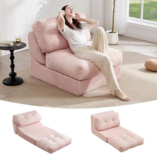Tbfit Folding Sofa Bed, Convertible Sleeper Chair with Large Pillow, Corduroy Folding Couch Bed, Portable & Foldable Mattress Boneless Floor Sofa for Living Room, Bedroom, Office, Pink, Single