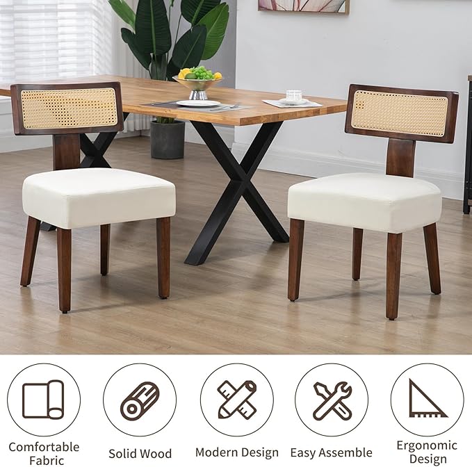 Rattan Dining Chairs Set of 6, Mid-Century Modern Fabric Dining Room Chairs with Brown Hardwood Frame, Upholstered Curved Backrest Kitchen Chair Armless Accent Chairs for Living Room (Cream)