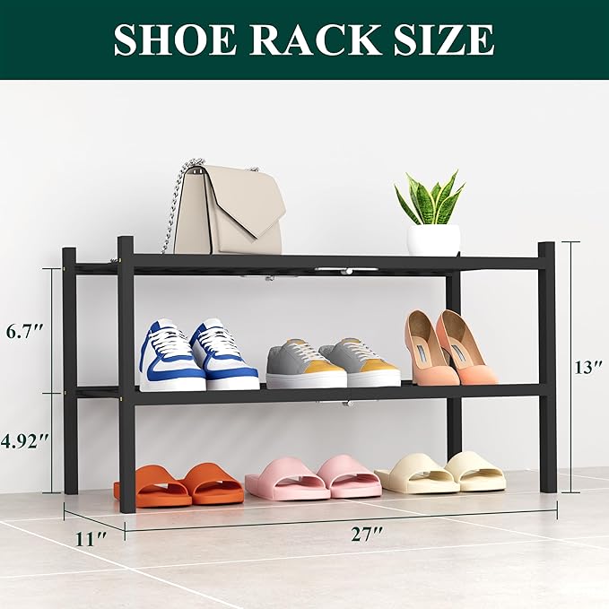 Smiry Shoe Rack, 2 Tier Thick Bamboo Shoe Organizer, Stackable Free Standing Wooden Shoe Storage Shelf for Closet, Entryway, Front Door Entrance, Black