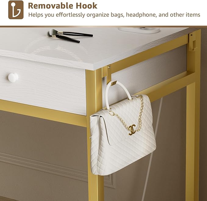 Makeup Vanity Desk with Mirror and Lights - Girls White and Gold Vanity Table Set with Chair, Fabric Drawers, Power Outlet, Small Modern Make Up Dressing Table for Bedroom