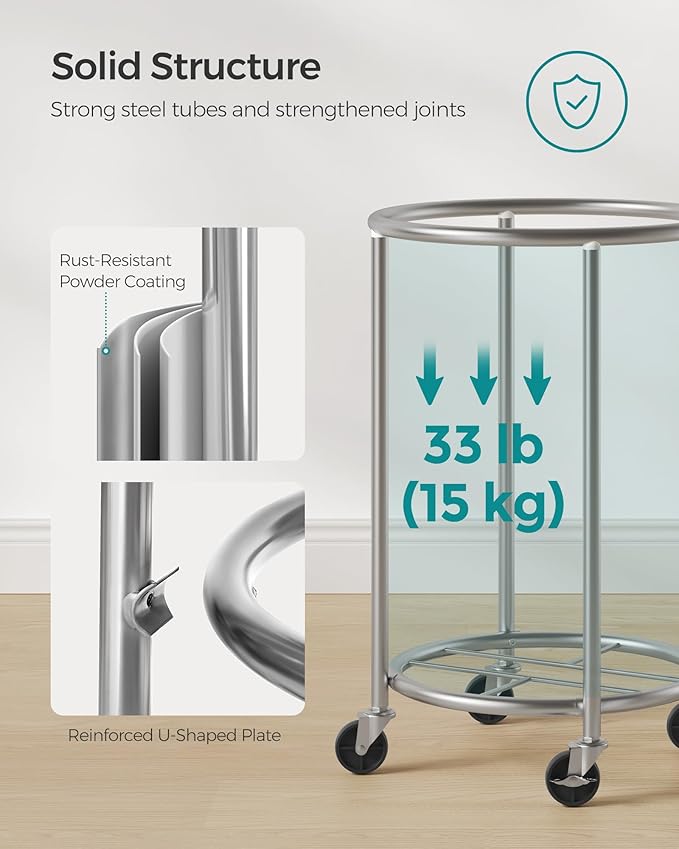 SONGMICS 18.5-Gallon (70 L) Laundry Basket with Wheels, Rolling Round Heavy-Duty Laundry Hamper Cart with Steel Frame and Removable Bag, 2 Locking Wheels, Gray and Metallic Silver URLS006G01