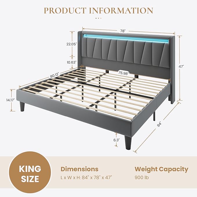 SHA CERLIN King Size Bed Frame with Charging Station and LED Lights, Modern Velvet Platform Bed with Upholstered Geometric Wingback Headboard, No Box Spring Needed, Easy Assembly, Grey