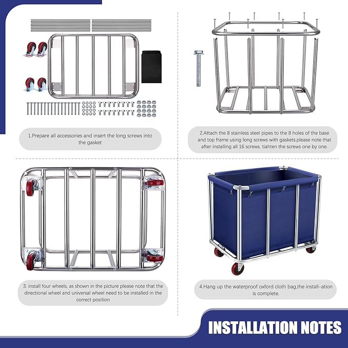 Commercial Laundry Cart with Wheels, 11.35 Bushel Large Laundry Tumbler with Removable Waterproof Canvas Lined Basket, Heavy Duty Stainless Steel Laundry Basket for Hotels and Hospitals