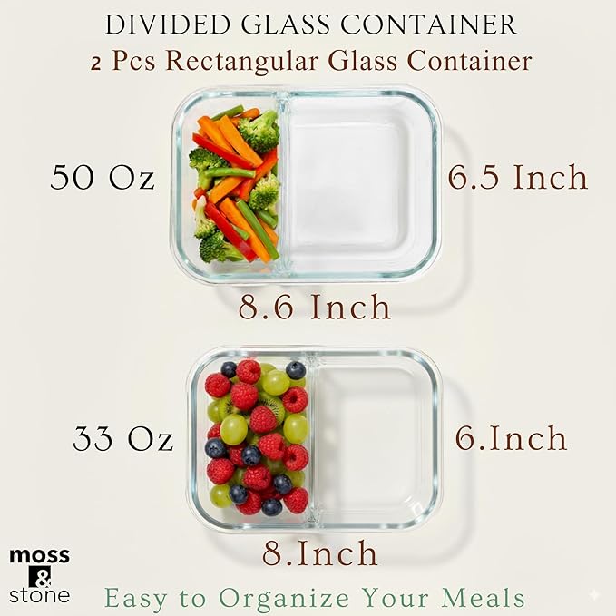 Moss and Stone Rectangular Borosilicate Glass Meal Food Containers - Prep Food Storage Containers Airtight - Snap Locking Lids – Microwave, Oven, Freezer, Dishwasher Safe – with 2 Compartment 2 Pack