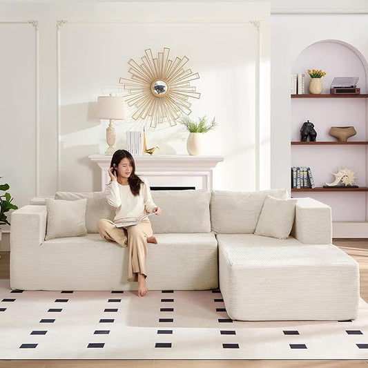 PUREMIND 106" White Cloud Sectional Couch Sectional Couches for Living Room, Corduroy L Shape Sofa with Deep Seat, Modular Boneless Foam Couch Corner Couches No Assembly Required