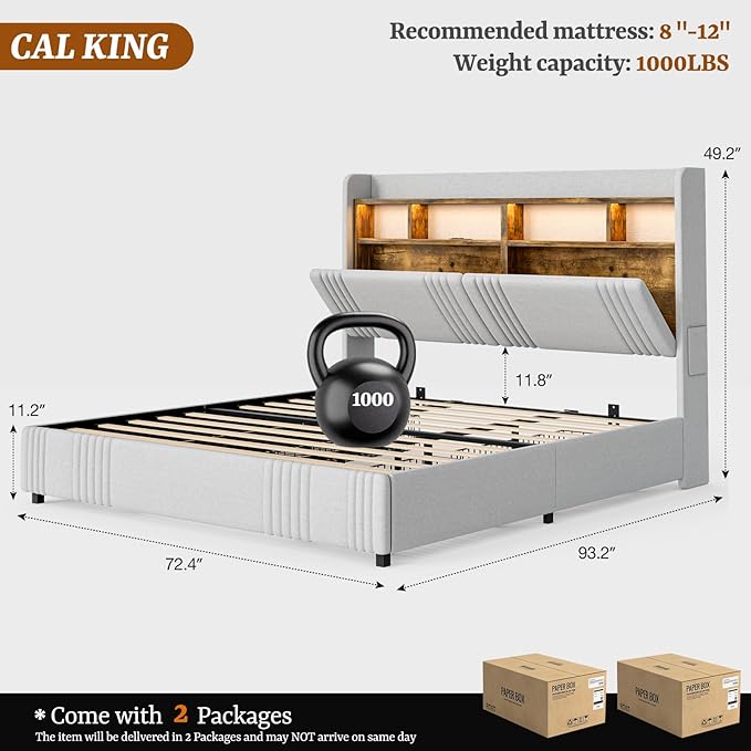 IKIFLY 49.2” Tall California King Bed Frames with 4 Storage Drawers, Upholstered Wingback Hidden Storage Headboard with LED Lights & Charging Station, No Box Spring Needed, Noise Free, Light Grey