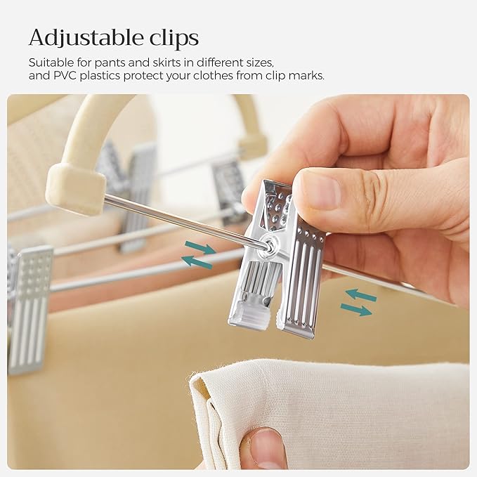 SONGMICS 20-Pack Pants Hangers, 16.7-Inch Long Velvet Hangers with Adjustable Clips, Heavy-Duty, Non-Slip Skirt Hangers, Space-Saving for Pants, Skirts, Coats, Dresses, Sandy Beige UCRF012K20