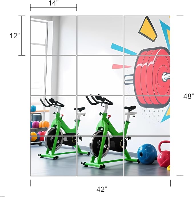 Ruomeng Gym Mirror Tiles - 14" x 12" x 12Pcs Wall Mounted Mirror Glass Frameless Full Length Mirror Tiles for Home Gym, Bedroom, Door & Bathroom