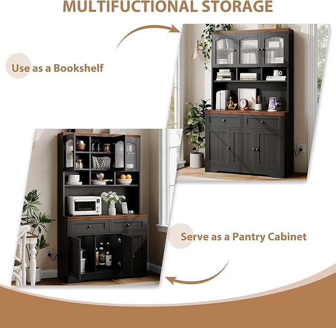 Garvee 71" Pantry Cabinet with Charging Station, Tall Kitchen Pantry Storage Cabinet with Microwave Stand, Farmhouse Kitchen Hutch with Storage Drawers for Living Room, Dining Room, Black