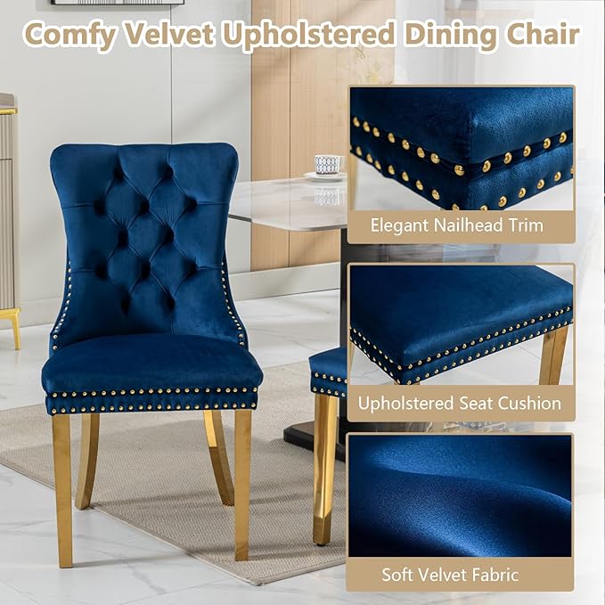 Goujxcy 5 Piece Round Glass Dining Table Set for 4, 47" Round Dining Table & Chair Set Modern Circle Glass Kitchen Table and 4 Velvet Upholstered Chairs for Kitchen Dining (Gold Table & Blue Chair)