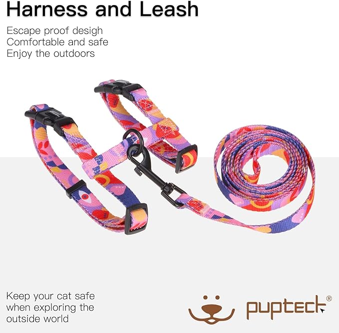 PUPTECK Adjustable Cat Harness and Leash Set Escape Proof Kitten Strap Collar for Walking Travel, Printed Pink