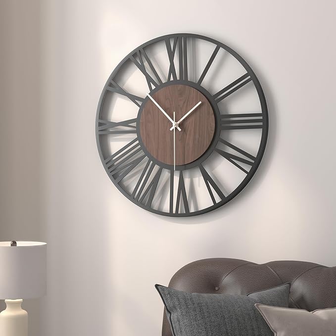 Wall Clock, Modern Clocks for Living Room Decor, 16 inch Wood Walnut Dial Decorative Wall Clock Battery Operated, Non Ticking Silent Black Metal Clock for Bedroom, Kitchen, Office-Roman Numerals