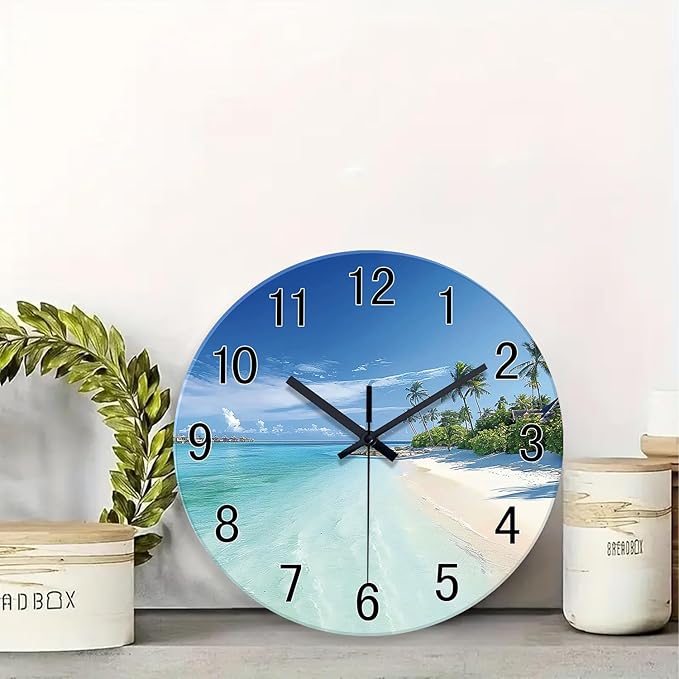 XFM Big Wall Clock Battery Operated Beach Coastal Wall Clocks 16 Inch Silent Non-Ticking Tropical Seascape Glass Wall Clock for Living Room Bedroom Kitchen Decor