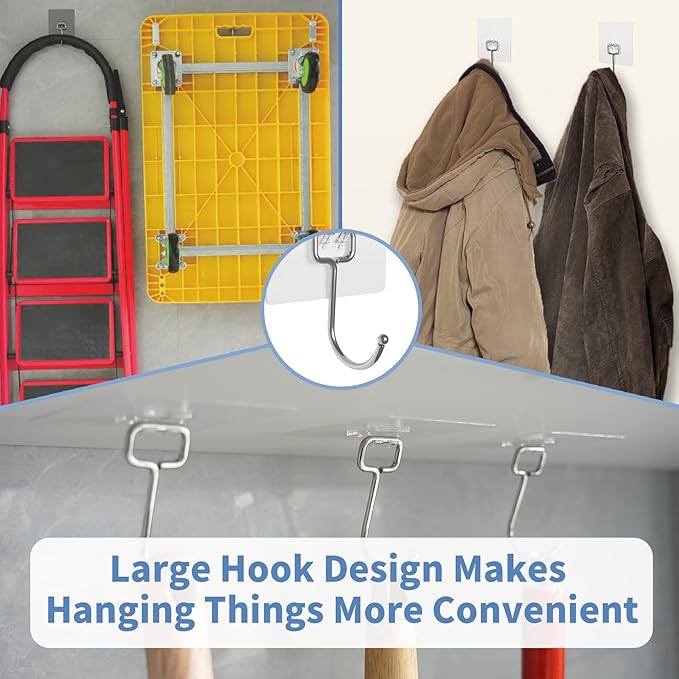 Adhesive Wall Hooks for Hanging - 60lb Heavy Duty Waterproof & Rustproof, Sticky Hooks for Walls No Damage, Kitchen/Bathroom/Rental (Ganchos para Pared) 10-Pack