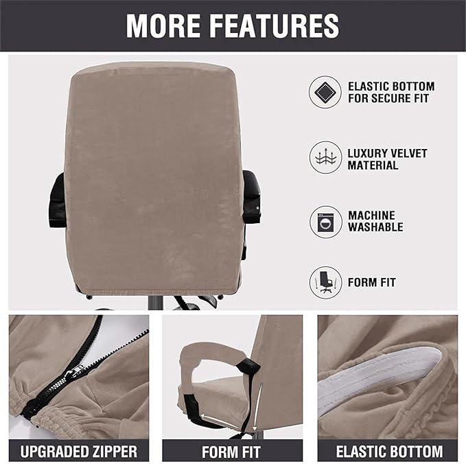 Velvet Plush Ergonomic Comfortable Office Chair Cover - Cat Proof Stretchable Protector for Mesh Office Desk Chair with Wheels and Armrest - Comfy Executive Office Chair for Adults, Khaki, XL
