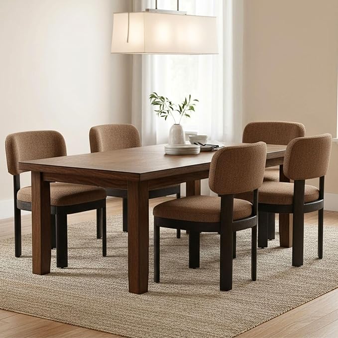 Modern Brown Upholstered Dining Chairs Set of 4 Wooden Side Chairs with Curved Backrest and Black Legs for Kitchen Island, Dining Room