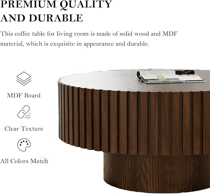 Round Coffee Table, Handcrafted Fluted Drum Coffee Tables Modern Wood Coffee Table Circle Drum Center Table for Living Room, Apartment (Round Brown)