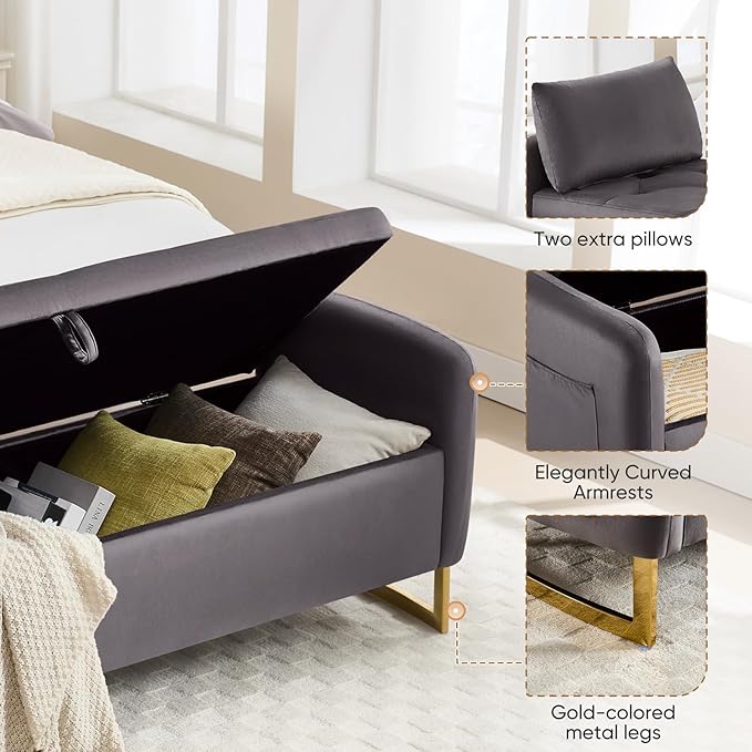 65" Storage Ottoman Bench, End of Bed Storage Bench King Size with Tufted Button Upholstered and Gold Legs, Bedroom Benches with Armrests for Living Room Window and Entryway, Dark Grey