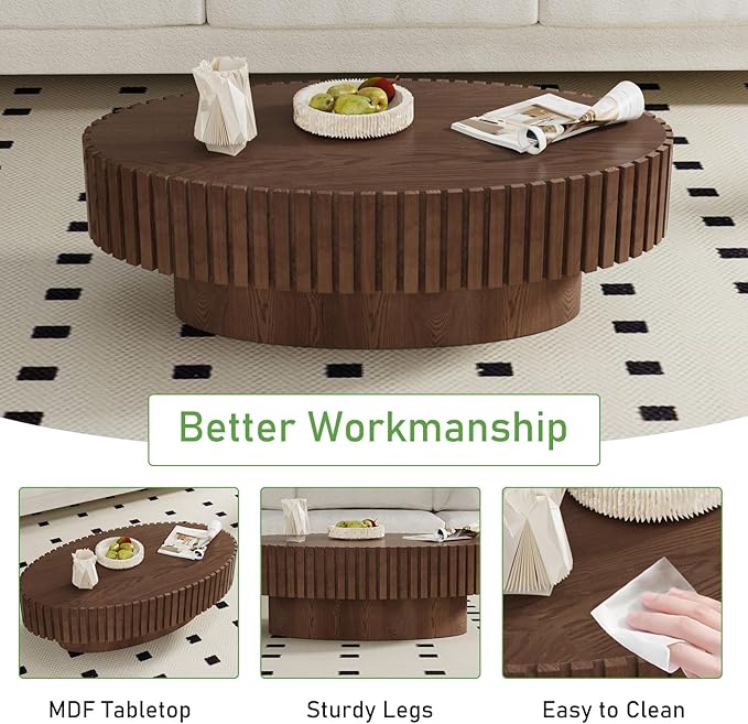 Oval Coffee Table for Living Room, 43.3'' Modern Handcraft Drum Coffee Table Unique Fluted Coffee Tables Wood Center Table End Table for Small Space, Farmhouse Apartment Office (Oval Brown)