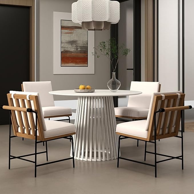 Modern Dining Chairs Set of 4, Comfy Linen Fabric Armless Side Chairs with Backrest Wooden Upholstered Seat Black Metal Legs for Dining Room Living Room, White