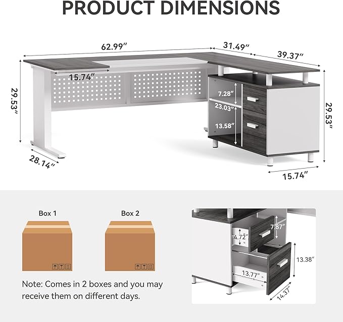 LITTLE TREE Large Computer Desk with File Cabinet, 63-Inch Executive Desk L Shaped Office Desk with Drawers and Storage Shelves, Business Furniture Desk Workstation for Home Office (Grey + White)