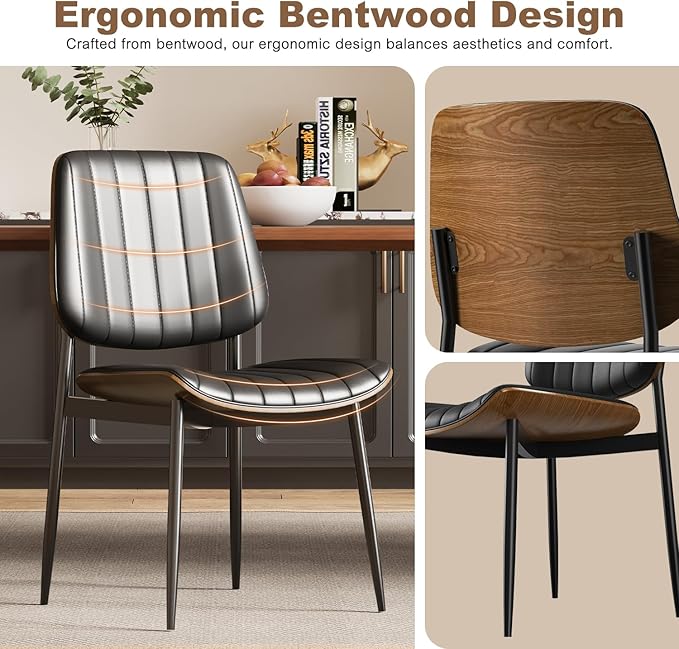 Modern Green Leather Dining Chair Set of 4, Bentwood Backrest & Black Metal Frame Ergonomic Comfort, Sustainable Style, Multi-Space Versatile, Black