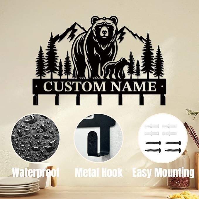 Personalized Custom Name Bear Key Wall Hooks,Metal Bear Keys Clothes Hooks,Metal Bear Wall Home Storage Decorative,For Front Door, Hallway, Kitchen, Bedroom,Keys,Hats (Style H)