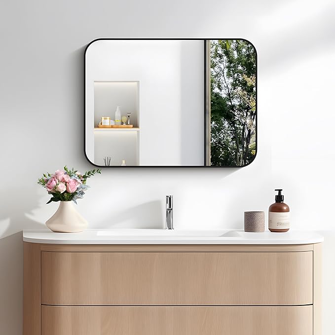 FORBATH Bathroom Mirror for Over Sink 18x24 Inch Black, Rectanglar Wall Mirror with Metal Frame, Rounded Corners for Bathroom, Bedroom, Entryway Decor (Horizontal or Vertical)