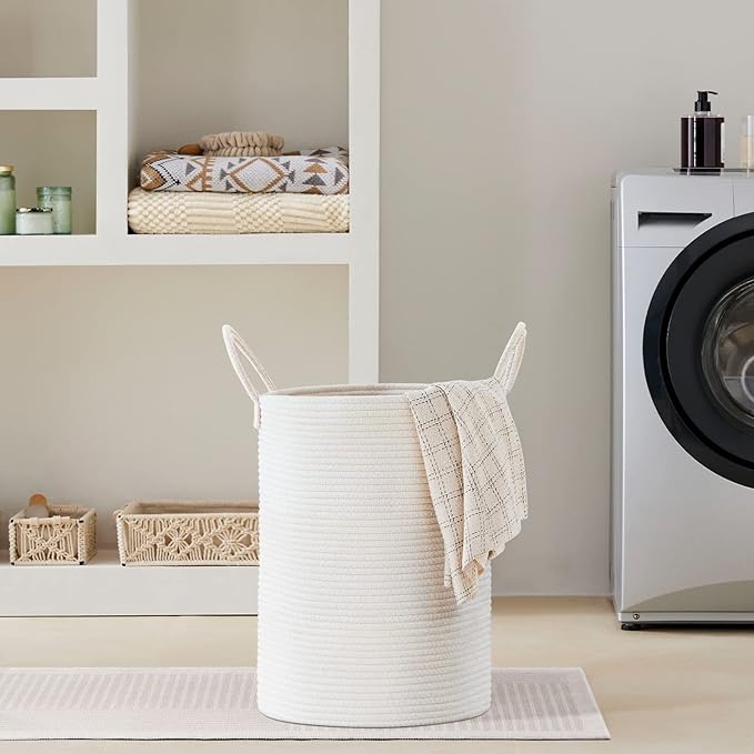 VIPOSCO Large Laundry Hamper, Tall Woven Rope Storage Basket for Blanket, Toys, Dirty Clothes in Living Room, Bathroom, Bedroom - 58L White