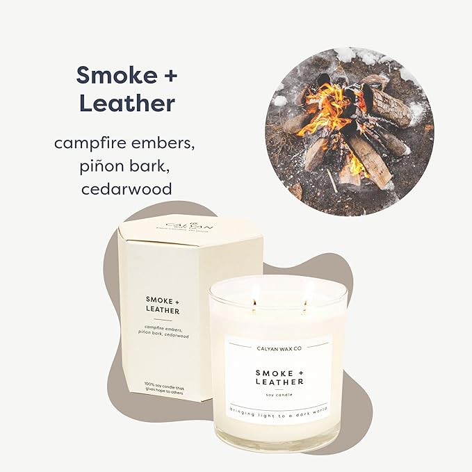 Calyan Wax Co. Smoke & Leather 2 Wick Scented Candle - 37 Hour Burn - Luxury Non Toxic Soy Wax Candles - Long Lasting Large Glass Jar Candle for Home - 8.8oz