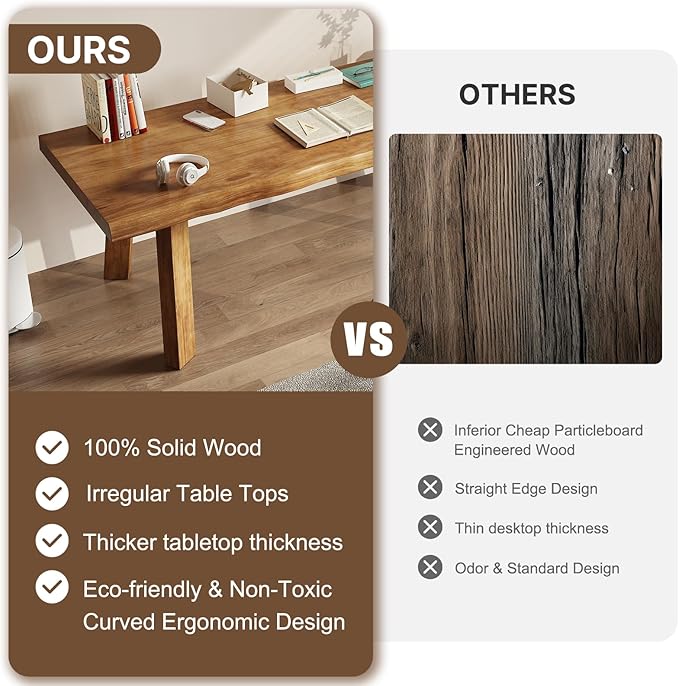 Solid Wood Desk 55 inches, Live Edge Wooden Home Office Computer Desk Modern Simple Design for Writing,Study,Dining,Gaming