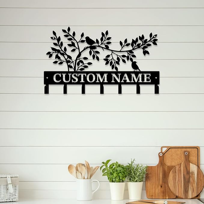 Personalized Custom Name Birds of Trees Wall Key Hooks,Metal Birds of Trees Art Clothes Hooks,Metal Birds of Trees Wall Home Storage Decorative,For Front Door, Hallway, Kitchen, Bedroom(Style A)