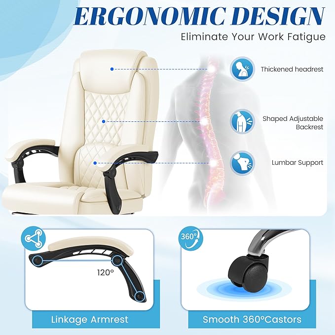 Furmax Office Chair with Footrest Ergonomic High Back Design Executive Computer Desk Chair400lbs, 90-135° Reclining Leather Home Office Desk Chairs Swivel Task Chairs with Wheels (Beige)