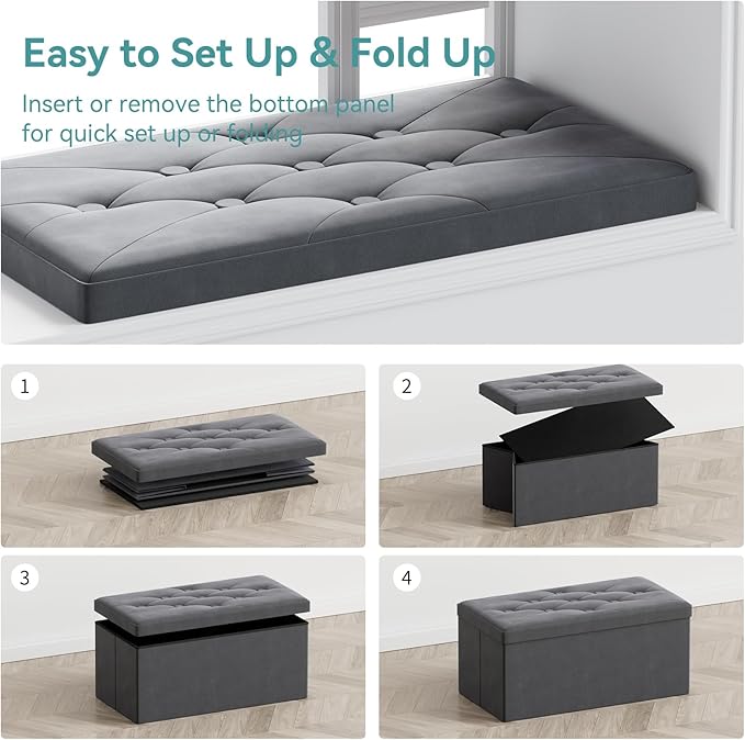 BRIAN & DANY Folding Storage Ottoman Bench, Ottoman with Storage, Foot Rest, Benches Seat for Bedroom, Living Room, Entryway, Long Shoes Bench, 15.7" x 31.5" x 15.7" Gray