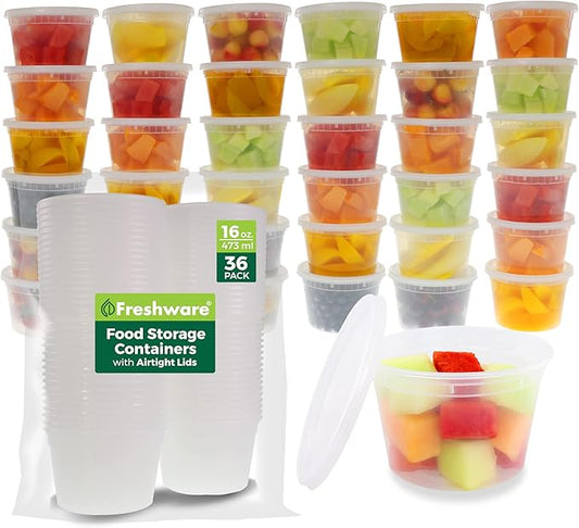 Freshware Food Storage Containers [36 Set] 16 oz Plastic Deli Containers with Lids, Slime, Soup, Meal Prep Container BPA Free Stackable Leakproof Microwave/Dishwasher/Freezer Safe (Pack of 10)